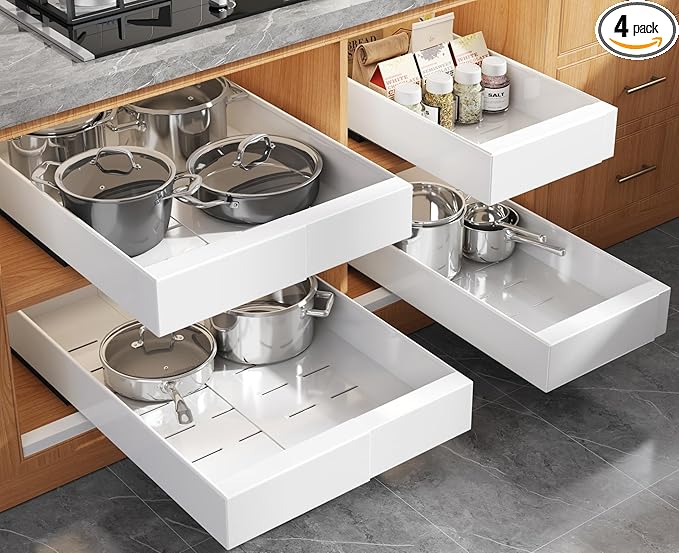 Seinloes 4 Pack Expandable (9"-14") Pull Out Cabinet Organizer 21" Deep With Raising Pad for Framed Cabinets,Upgrade 3 Slide Rails Slide Out Drawers,No Drill Roll Out Shelves Adhesive,White