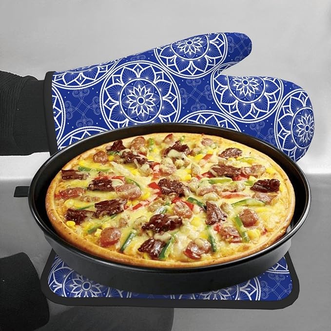 Chinoiserie Blue and White Floral Oven Mitts and Pot Holders Sets of 3, Heat Resistant Non-Slip Boho Kitchen Gloves for Baking Cooking Grilling, Navy Blue Hot Pads for Kitchen Decor, Gifts for Women