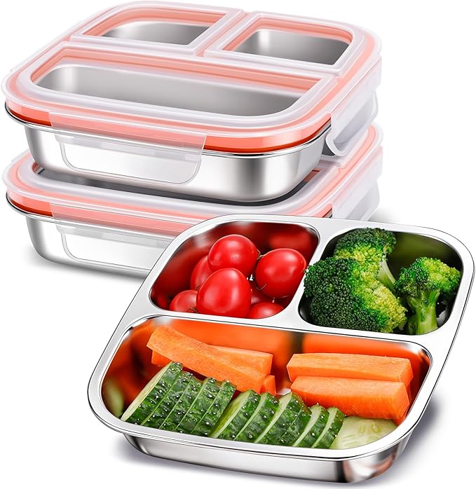 KTKUDY 3 Pack Stainless Steel Snack Containers - Kids Lunch Containers with 3 Compartment - Divided Meal Prep Bento Box for Kids Daycare, School, Work, Travel