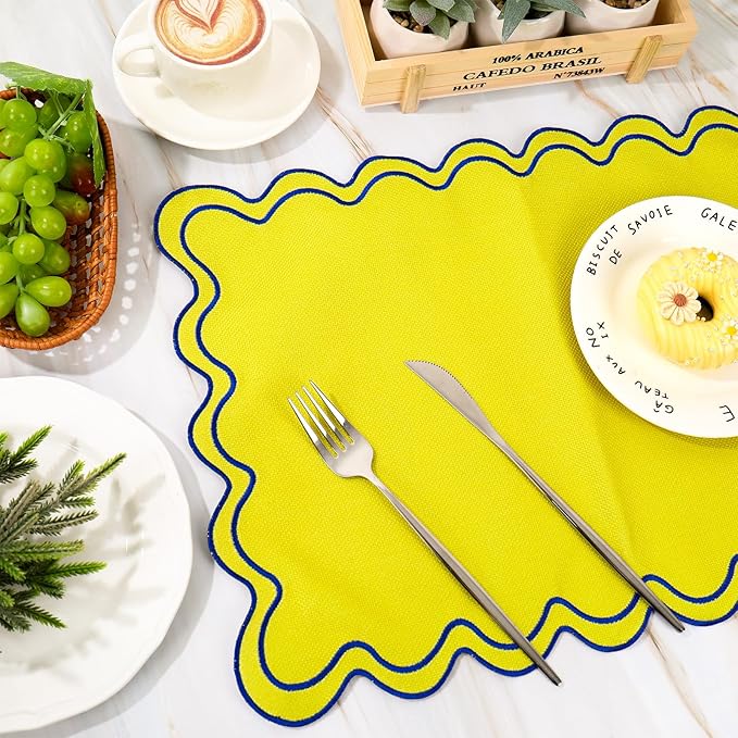 Whaline Yellow Blue Linen Placemats Embroidered Scalloped Kitchen Place Mats for Summer Birthday Party Home Dining Table Decor, Set of 6, 13 x 19 in