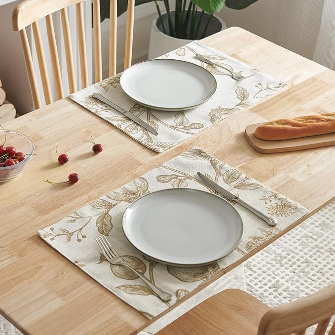 JINCHAN Linen Floral Placemats Set of Cloth Table Mats Rustic Cottagecore Botanical Outdoor Seasonal for Kitchen Dining Decor Heat Resistant Non-Slip Washable Tablemats 13x19 Inch Tan