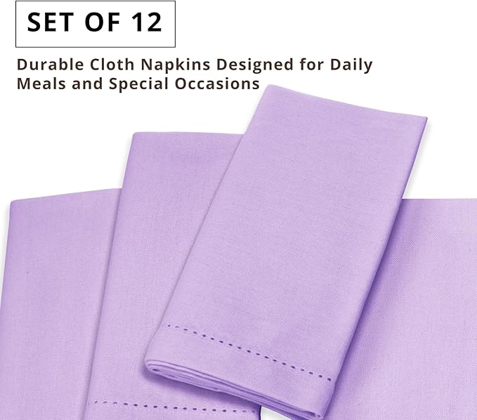 PurpleEssences Set of 12 Hemstitch Cloth Dinner Napkins 100% Cotton - Soft Durable Washable - Ideal for Wedding Spring Easter Summer - Perfect Everyday Use Table Linen 18x18 - Lavender
