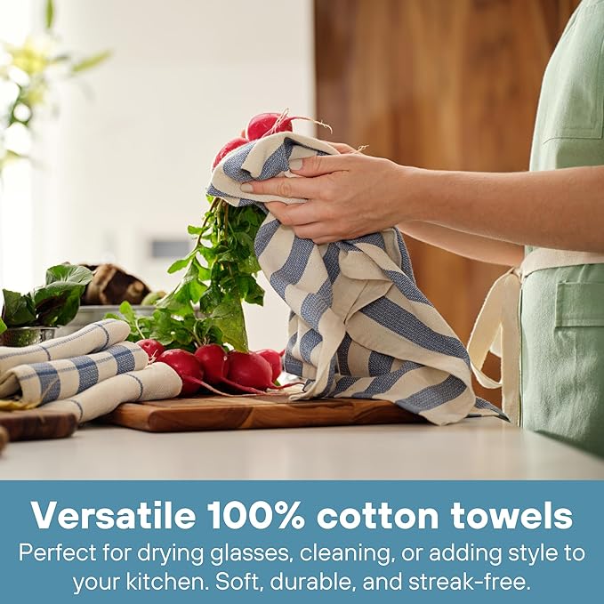 MEEMA Upcycled Spring Kitchen Towels Cotton Fabric | Super Absorbent Hand Towels with Hanging Loop | Cleaning Rags and Dish Towels for Kitchen | Blue Stripes | Large 18 x 28 Inch | 4-Pack