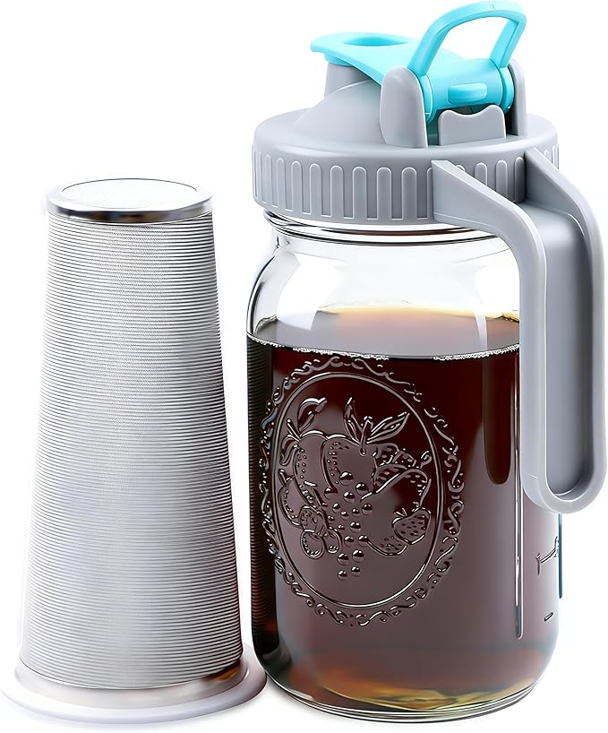 Mason Jar Cold Brew Coffee Maker 32 Oz Wide Mouth Cold Brew Pitcher 1 Quart Airtight & Leakproof Mason Jar Pitcher With Stainless Steel Fine Mesh Filter For Coffee, Iced Tea, Sun Tea, Lemonade
