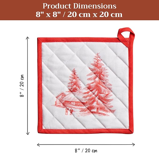 Maison d' Hermine Pot Holders Set 100% Cotton Heat Resistant Potholders 8" x 8" Hot Pads with Loop for Thanksgiving Christmas Decorations BBQ Cooking Baking Handling Hot Pans (Pack of 2, Winter Jouy)