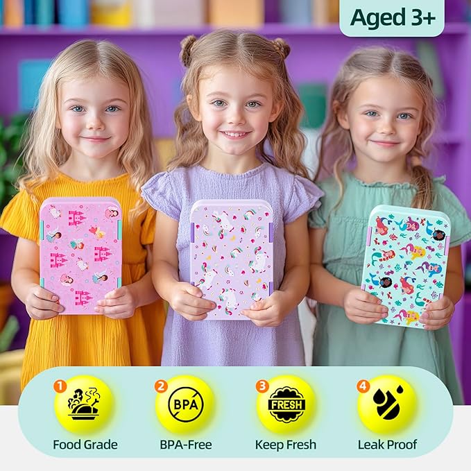 Bento Lunch Box for Kids, 6 Compartments BPA Free, Dishwasher Safe Back to School Snack Bento Lunch Containers Boxes, Ideal Portion Sizes for On-the-Go Meal, Ages 3+, School, Pink Patterned