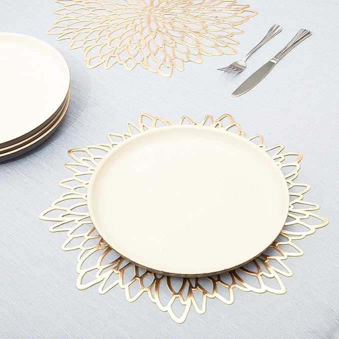 Juvale 10 Pack Gold Vinyl Placemats - 14.4" x 14.4" Round Table Mats and Plate Chargers with Leaf Design for Elegant Table Decor and Protection - Stylish Charger Plates for Events and Wedding Parties