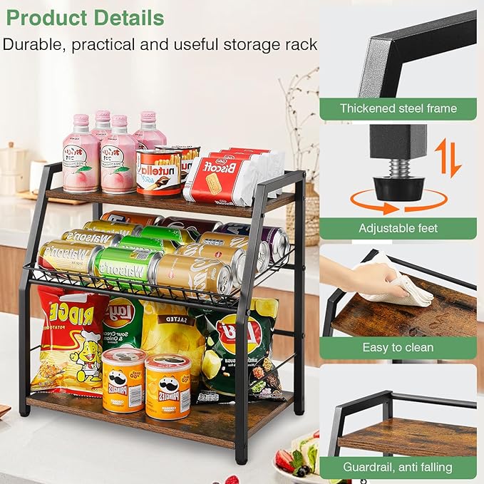 Kitchen Countertop Organizer, Snack Organizer Candy Display Stand Coffee Station Organizer, 3 Tier Wooden Counter Storage for Soda Cans Condiment Tea, for Pantry Office Bathroom, White (Black)
