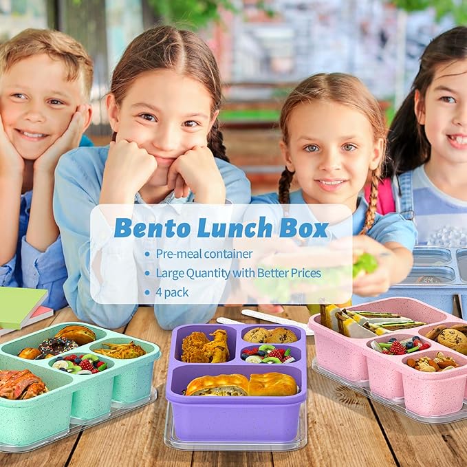 Bento Box 4-Pack 5-Compartment Meal Prep Containers, BPA-Free Plastic, Stackable Food Storage Lunch Boxes for Adults and Kids, School Work Travel (Off White)
