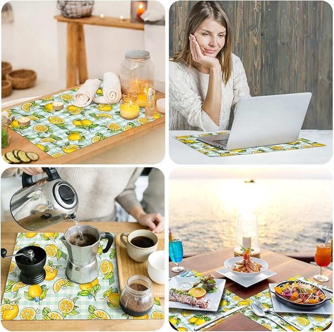 comfoyar Summer Lemon Placemats Set of 4, 12x18 Inch Non-Slip Linen Flower Leave Place Mats, Washable Absorbent Plaid Table Mats for Kitchen Dining Party Table Decoration