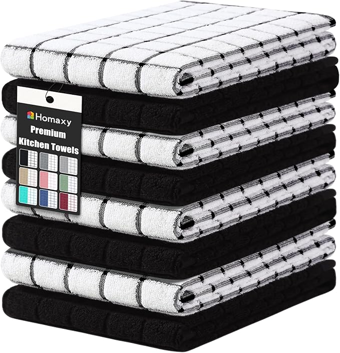 Homaxy Premium Cotton Kitchen Towels 16"x 28", Large Natural Ring Spun 390 GSM Dish Towels, Super Absorbent Terry Kitchen Hand Towels, Soft Tea Towels with Hanging Loop, Black Check Design, 8 Pack