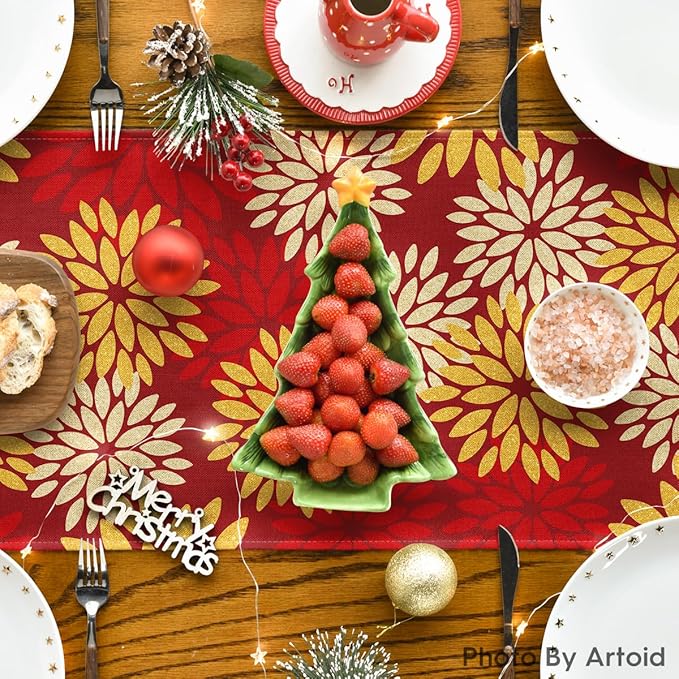 Artoid Mode Red Orange Dahlia Floral 2025 New Year Table Runner, Spring Festival Winter Holiday Kitchen Dining Table Decoration for Home Party Decor 13x72 Inch