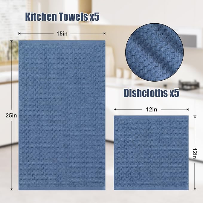Homaxy 100% Cotton Kitchen Towels and Dishcloths Set, 12 x 12 & 15 x 25 Inches, Set of 10 Bulk Terry Cloth Dish Towels, Super Soft and Absorbent Hand Towel with Hanging Loop, Navy Blue