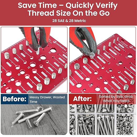 Thread Checker, 76 Nut and Bolt Thread Checker, 28 Standard & 28 Metric & 20 Drill Bit Gauge, Bolt Size Finder, Wall-Mountable Bolt Thread Identifier Gauge with Inch & CM Ruler