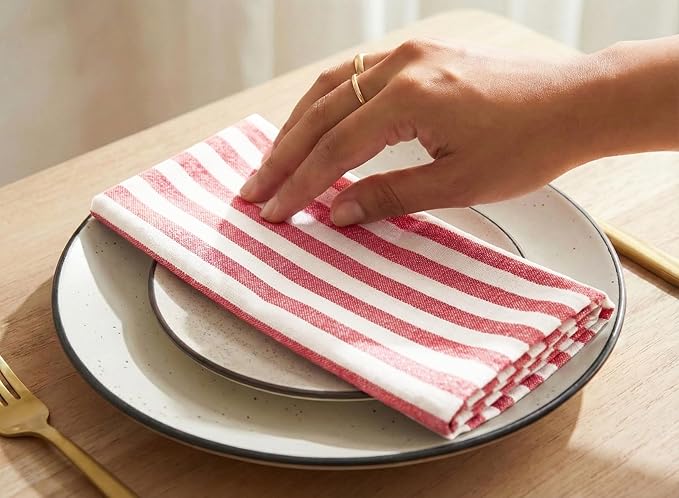 PurpleEssences Plain Striped Cloth Napkins - Set of 12-100% Cotton - 18 x 18 Inch - Spring Easter Summer and Perfect Everyday Use Dinner Napkin - Red and White