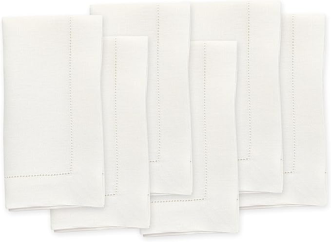 Solino Home Ivory Linen Napkins Set of 6-100% Pure Linen Hemstitch Dinner Napkins 20 x 20 Inch for Spring, Summer, Mothers Day - Classic Hemstitch