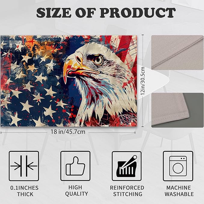 American Flag Placemats Set of 6,Bald Eagle Heat Resistant Table Mats Washable Place Mats for Party Kitchen Farmhouse Home Dining Holiday Decor 12x18 Inch