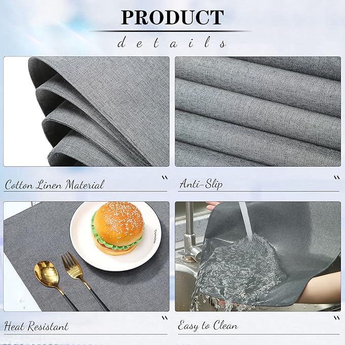 Sieral 12 Set Cloth Placemats Rectangle Dining Table Placemat Bulk 13 x 19 Inch Machine Washable Heat Resistant Cotton Linen Table Mats for Wedding Birthday Party Supplies(Dark Gray)
