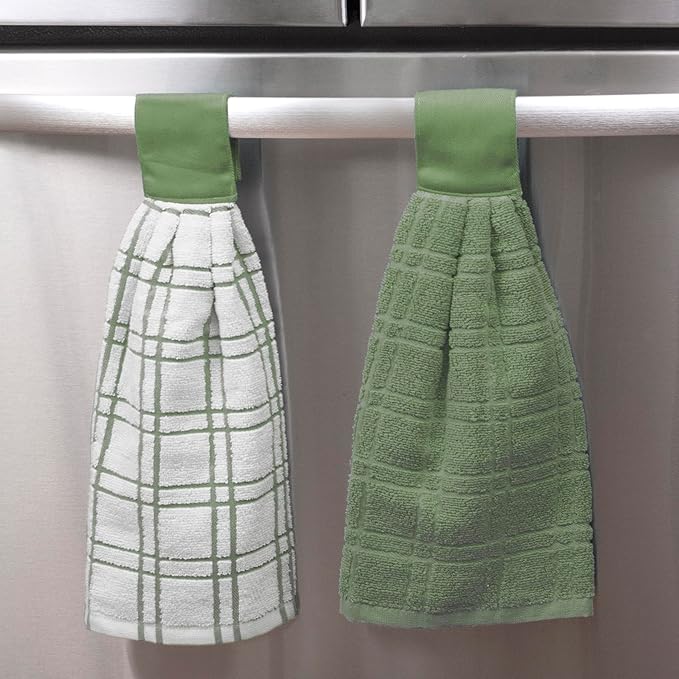 Ritz Premium 100% Cotton Solid and Multi Check Kitchen Tie Towel, Absorbent, Super Soft, and Fast Drying Hang Towel, Set of Two, Juniper