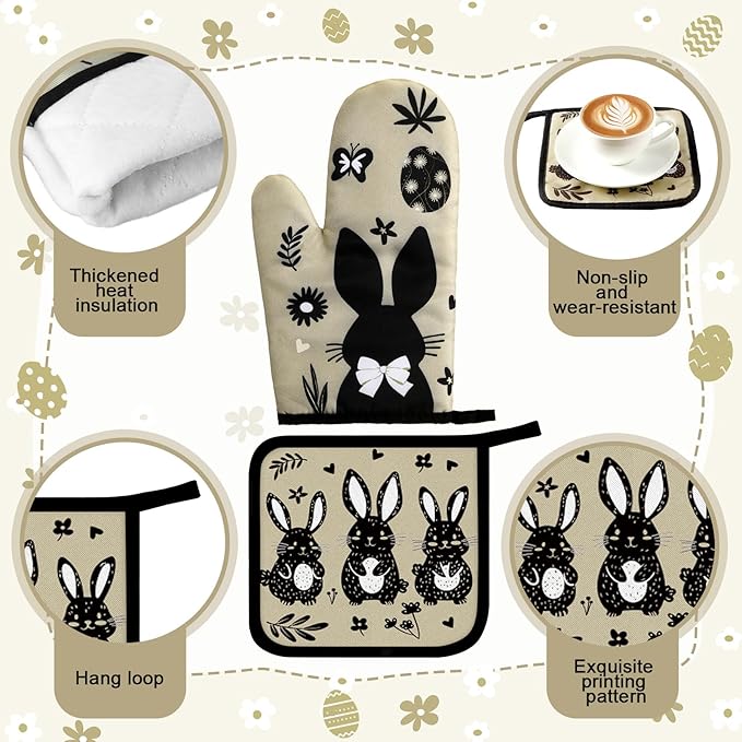 Fourluoo 10 Pcs Easter Bunny Kitchen Decor Set Easter Kitchen Towels Oven Mitts and Pot Holder Spring Eggs Flowers Rugs and Mats Black Rabbit Gloves Potholders for Farmhouse Rustic Baking Cooking BBQ