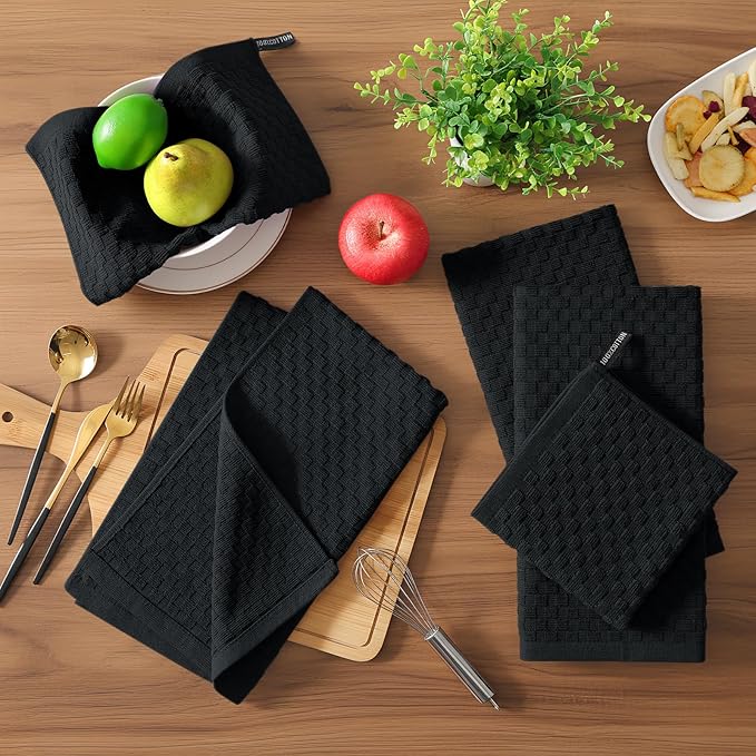 Homaxy 100% Cotton Terry Kitchen Towels(15" x 25", 6 Pack), Soft and Super Absorbent Dish Towels, 380 GSM Reusable Tea Towel with Hanging Loop, Pineapple Grid Designed, Black