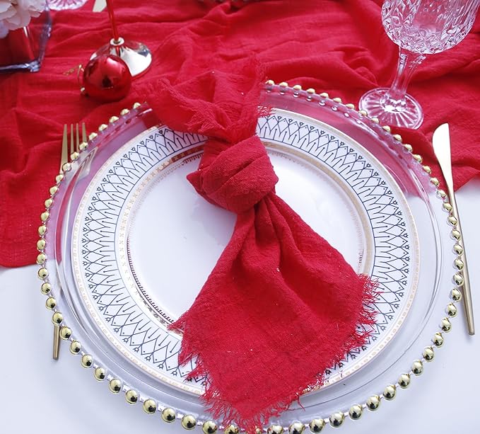 Cloth Napkins with Fringe Set of 12,100% Soft Cotton, Gauze Washable Napkins for Wedding Decorative,Valentine's Day, Dinner Parties,(16''*16'') Red