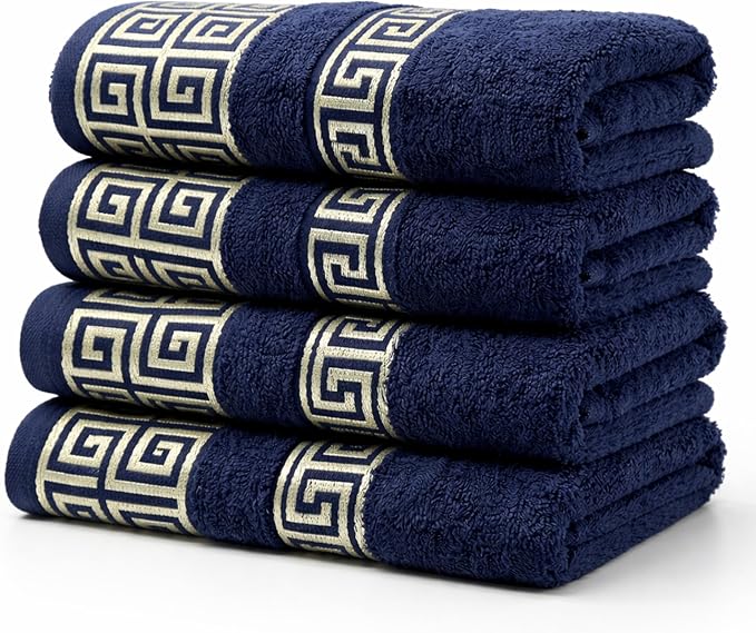 Luxury 4 Piece Hand Towel Set with Greek Key Design - 100% Cotton Soft & Absorbent Bathroom 19x35 in Large Towels - Quick Dry Navy Blue Hand Towels for Spa, Hotel & Home Use BB4