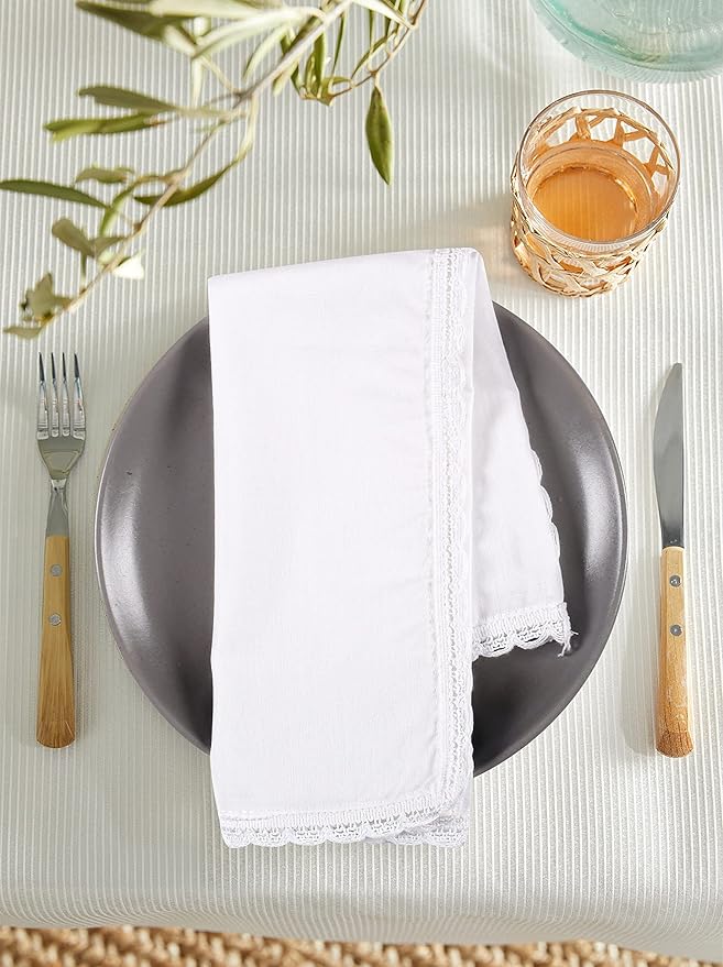 Hausattire Cloth Napkins 12 Pack 20x20 Inches Flax Cotton Washable and Reusable Table Dinner Napkins with Lace for Easter Basket Decor and Parties| Highly Absorbent Cloth Napkins|White