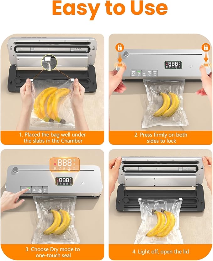 Food Vacuum Sealer Machine, 75KPa Strong Suction, Digital Timer, Built-in Cutter, Pulse Function, Dry & Moist Modes, External Vacuum for Jars & Containers, 20 Vacuum Sealer Bags Included