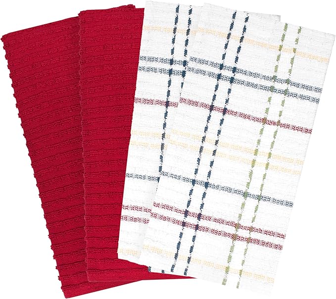 Ritz Royale Collection 100% Combed Terry Cotton, Highly Absorbent, Kitchen Towel Set, 13-3/4" x 12", 4-Pack, Solid & Checked, Paprika