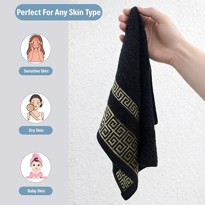 4 Piece WashCloth Set with Greek Key Design - 100% Cotton Soft & Absorbent Bathroom 12x19 in Small Towels - Soft Face Towels, Quick Dry Black Wash Cloth for Spa, Hotel & Home Use CC1