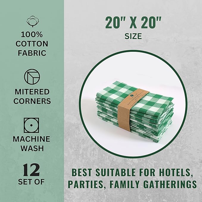 FINGERCRAFT Cloth Napkins, Everyday Use Premium Quality Cotton Buffalo Plaid, Set of 12, 20X20 Inch Napkins Cloth Mitered Corners, Soft, Durable for Home Restaurant Christmas Green White