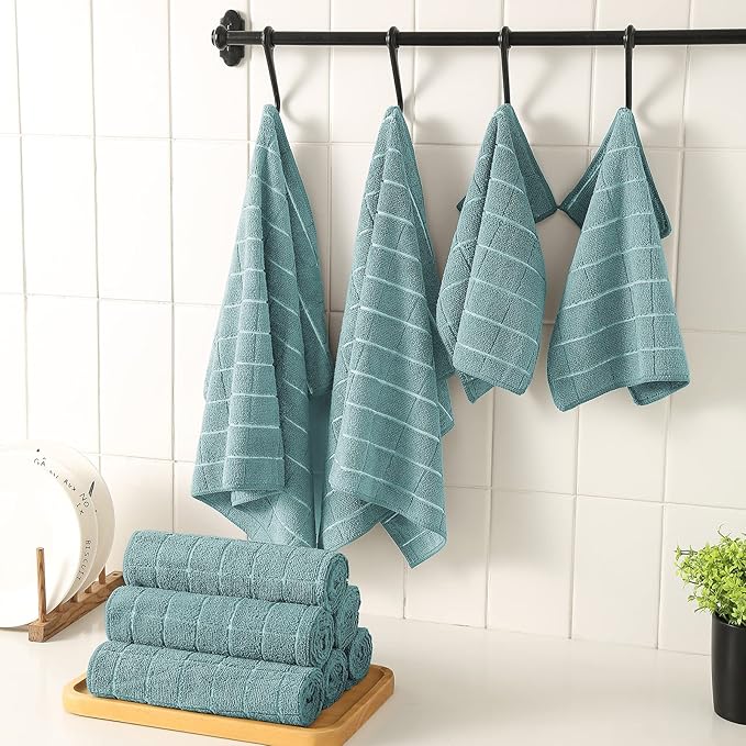 Puomue Microfiber Kitchen Towels and Dishcloths Set, 26 X 18 Inch and 12 X 12 Inch, Set of 12 Bulk Lint Free Dish Towels for Drying Dishes, Lake Blue