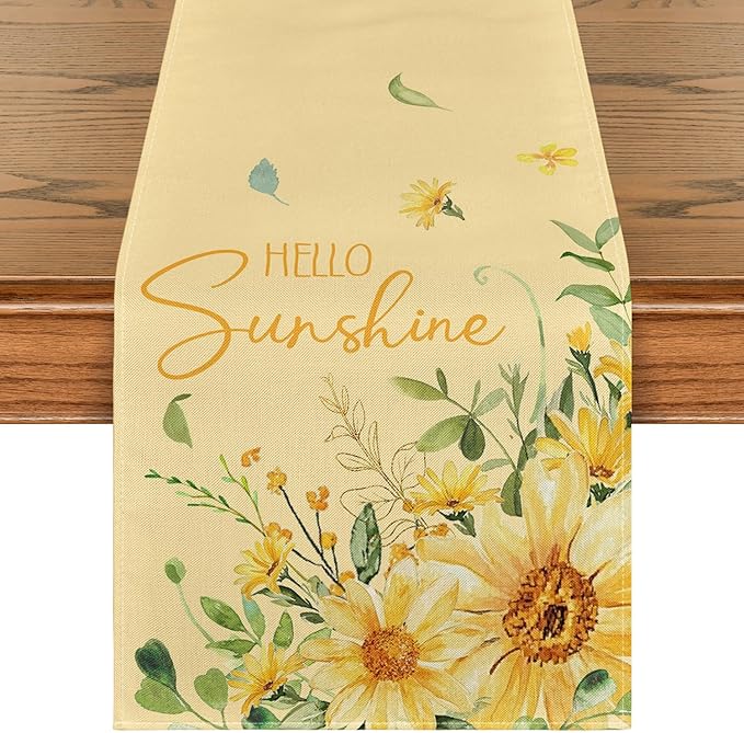 Artoid Mode Yellow Hello Sunshine Sunflower Eucalyptus Summer Table Runner, Seasonal Spring Kitchen Dining Table Decoration for Home Party Decor 13x72 Inch