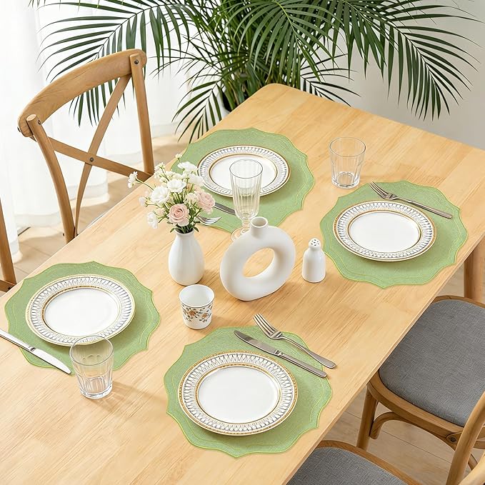 Set of 4 Cotton Linen Placemats, 15x15 Round Scalloped Cloth Table Mats, Embroidery Machine Washable, Wrinkle Resistance Fabric Place Mats for Wedding Summer Baby Shower Party Table Decor-Green