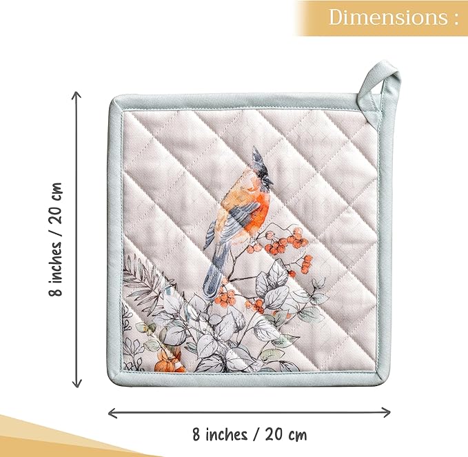 Maison d' Hermine Pot Holders Set 100% Cotton Heat Resistant Potholders 8" x 8" Hot Pads with Loop for Thanksgiving Christmas Decorations Baking Handling Hot Pans (Pack of 2, Whitish Shabby Chique)