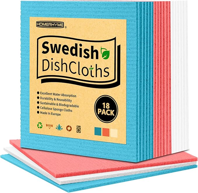 Swedish Dishcloths, 18 Pack Kitchen Towels Dish Rags, Absorbent Swedish Dish Towels for Kitchen, Non-Scratch Cellulose Sponge Cloths, Biodegradable Washable Reusable Paper Towels, Assorted