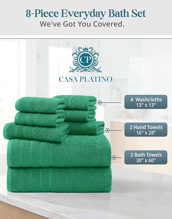 Casa Platino 100% Mercerized Cotton Bathroom Towel Set - 8 Pieces, Hotel Quality - Super Soft & Highly Absorbent - Ring Spun - 2 Large Bath Towels, 4 Washcloths, 2 Hand Towels - Family Pack - Emerald