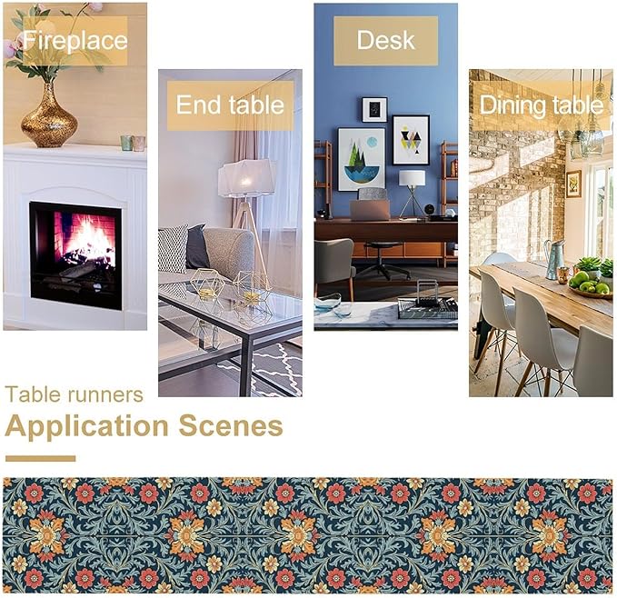 William Morris Table Runner Rural Farmhouse Vintage Flower Art Printed Dinner Runner for Home Kitchen Dining Table Decor Fabric 1 Panel W13xL60in