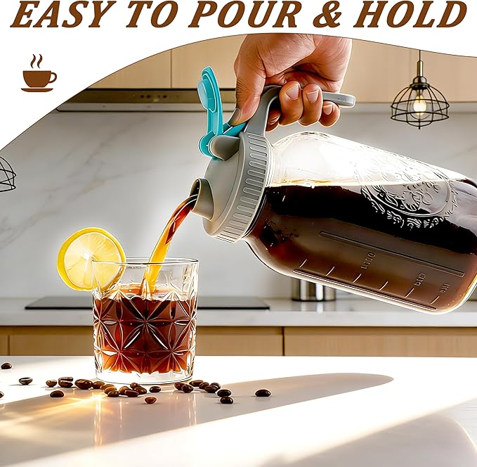 Mason Jar Cold Brew Coffee Maker 32 Oz Wide Mouth Cold Brew Pitcher 1 Quart Airtight & Leakproof Mason Jar Pitcher With Stainless Steel Fine Mesh Filter For Coffee, Iced Tea, Sun Tea, Lemonade