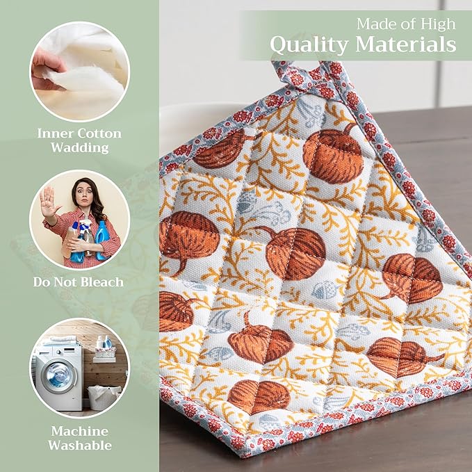 Maison d' Hermine Pot Holders Set 100% Cotton Heat Resistant Potholders 8" x 8" Hot Pads with Loop for Thanksgiving Christmas Decorations BBQ Baking Handling Hot Pans (Pack of 2, Harvest Festival)