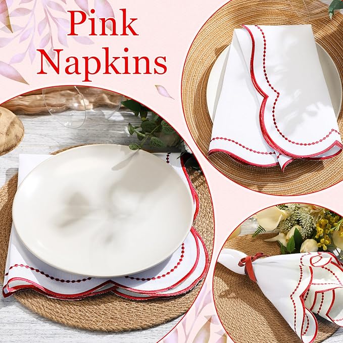 Hahafelt Cloth Napkins 18x18inches Scalloped Embroidery Cloth Napkins Washable Polyester Table Dinner for Hotel Restaurant Weddings Events Parties(Red,6 Set)