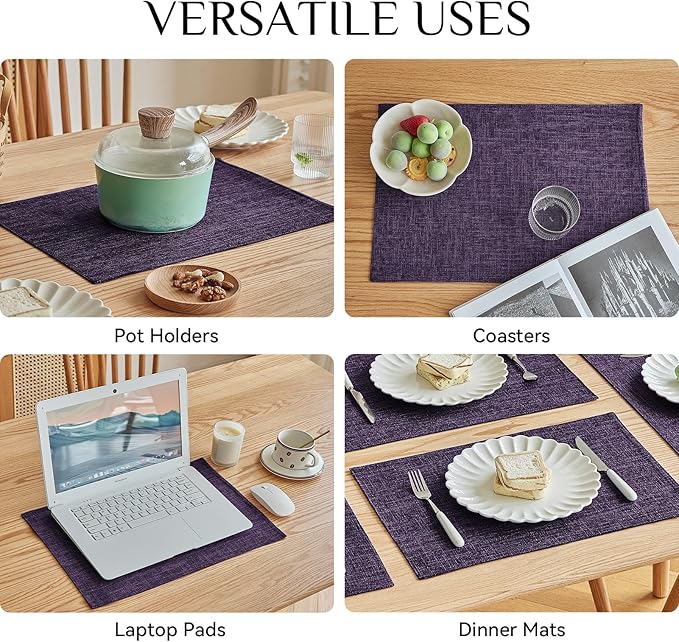 Softalker Faux Linen Placemats Set of 4-12 x 18 Inch, Heat Resistant Double Layered Durable Burlap Farmhouse Place Mats, Non-Slip Washable Rustic Table Mats for Dining, Kitchen, Party（Purple