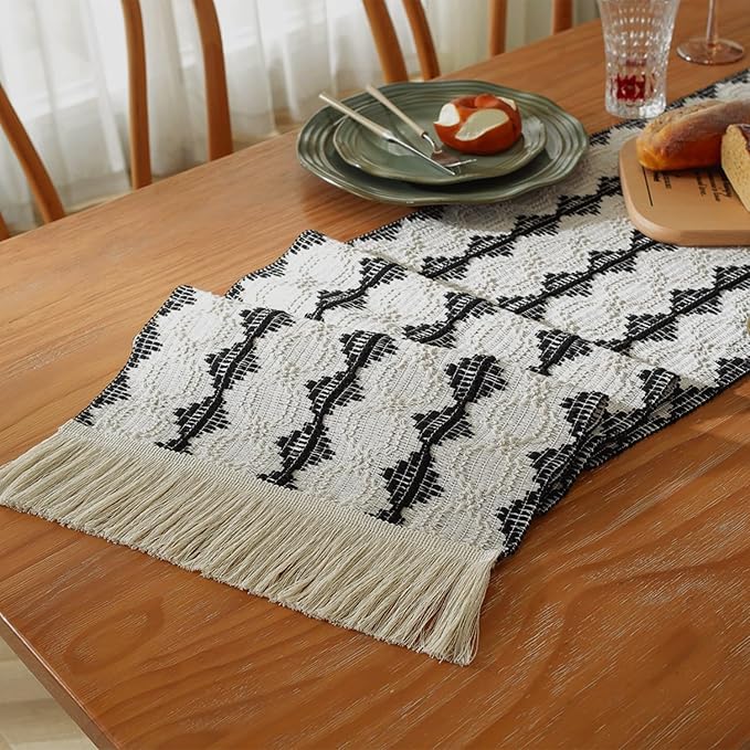 Boho Table Runners with Tassels 72inches, Macrame Farmhouse Table Runner for Dining, Bedroom & Kitchen Decor (Black and White)