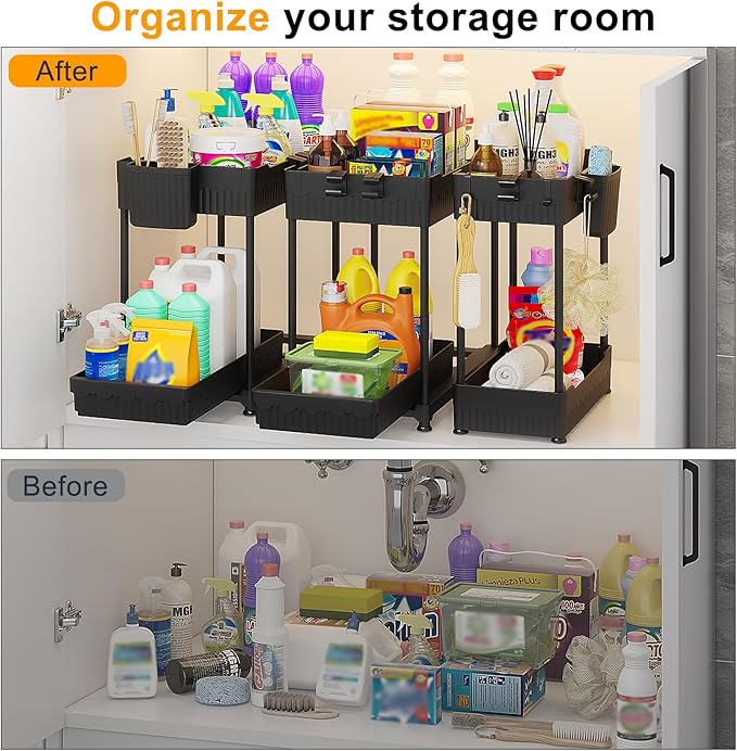 Sevenblue 3 Pack Under Sink Organizers, 2-Tier Multi-Use Kitchen and Bathroom Organizers and Storage with Sliding Drawers, Bathroom Cabinet Organizer (Black, 14.8 Inch)