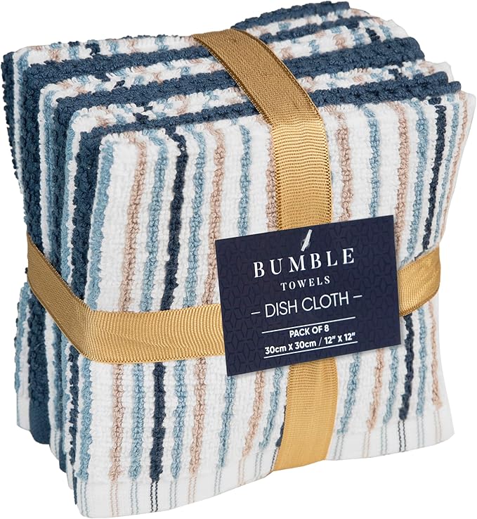 Bumble Premium Dish Cloths Towel 12"x12" | 100% Natural Ring Spun Cotton Tea Towel Set | 430 GSM | Highly Absorbent & Soft Dish Towels | 8 Pack - 4 Popcorn Striped & 4 Solid Kitchen Towels - Blue