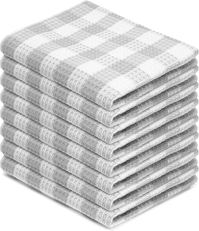 Blue Needles Set of 8 Waffle Weave Check Plaid Dish Cloths, 12x12 Inches 100% Cotton Dish Towels for Kitchen, Ultra Soft & Absorbent Kitchen Towels for Quick Drying Spring Summer - Ash Grey & White