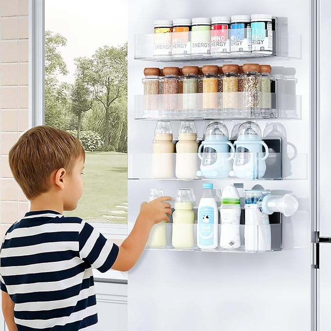Mystozer Magnetic Spice Rack for Refrigerator, Kitchen Organizer and Storage Shelf, Clear(4 Pack)