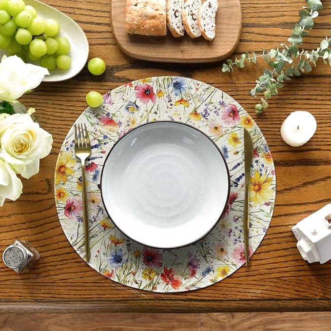 Artoid Mode Daisy Lavender Floral Leaves Spring Round Placemats Set of 4,14 Inch Seasonal Spring Table Mats for Party Kitchen Dining Decoration