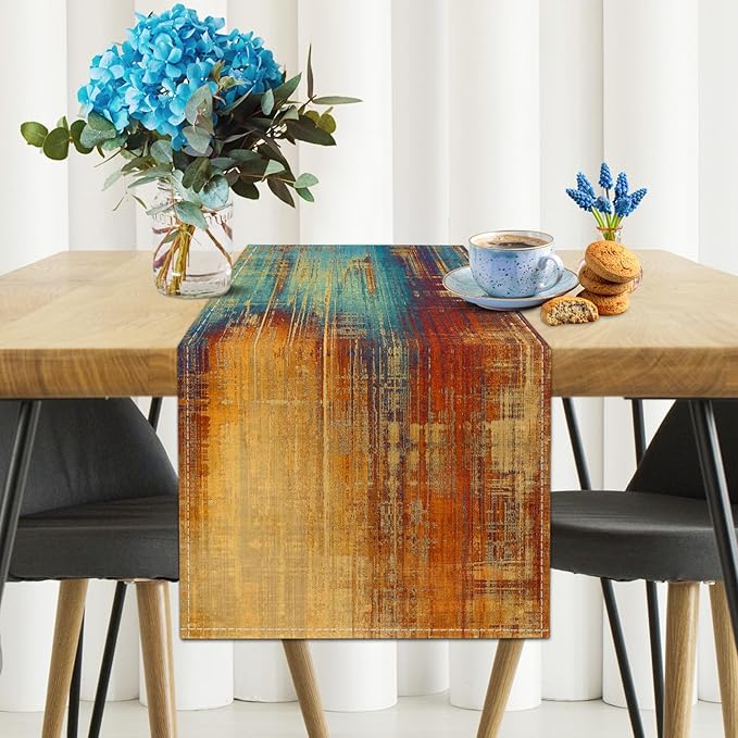 Long Table Runner Vintage Abstract Blue and Orange Table Runner Messy Rust Painting Farmhouse Coffee Table Runners for Kitchen Dining Table Home Decor 90in